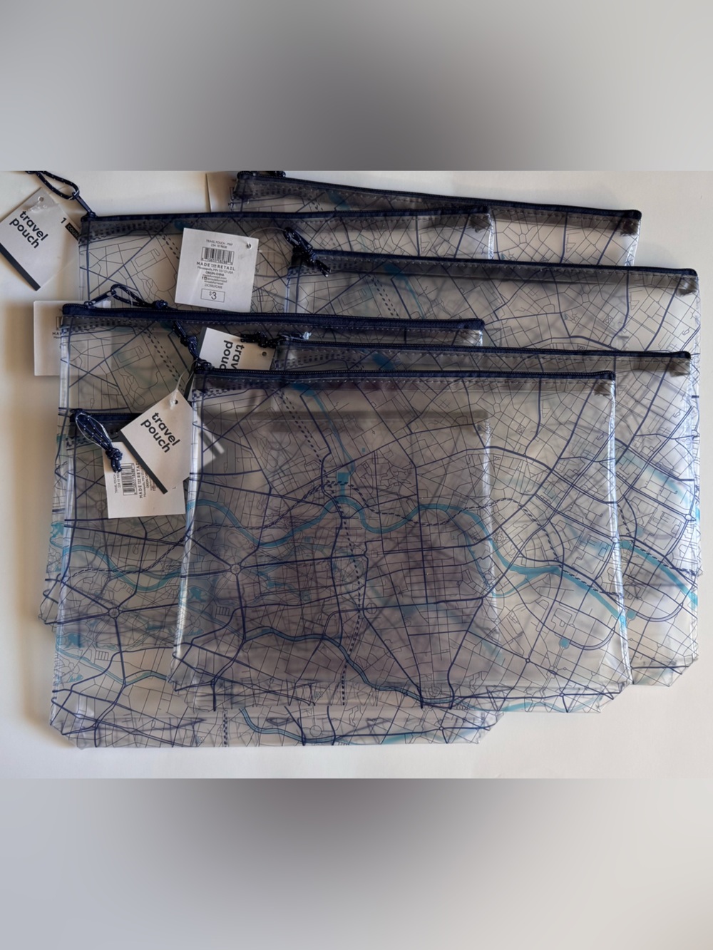 Lot Of 7 Travel Pouches Map Print Blue & Clear Zipped  New